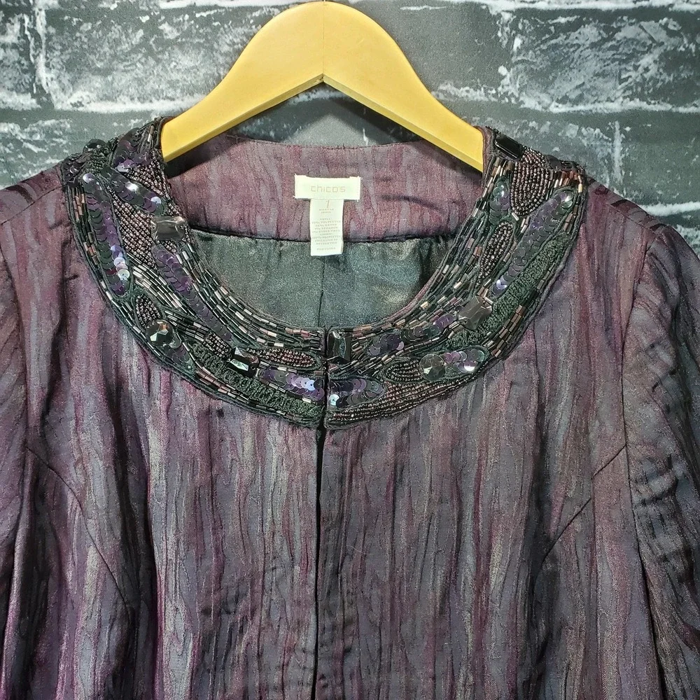 Chicos Jacket Womens Medium‎ Purple Beaded Elegant Fall Holiday Formal Lux Glam